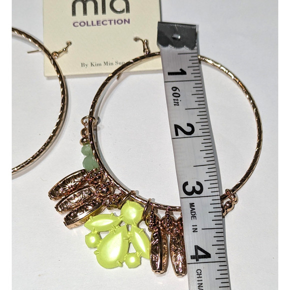 MIA Collection Hoop Earrings Gold Tone Green Beads Neon Yellow Dangle Statement - Picture 3 of 8
